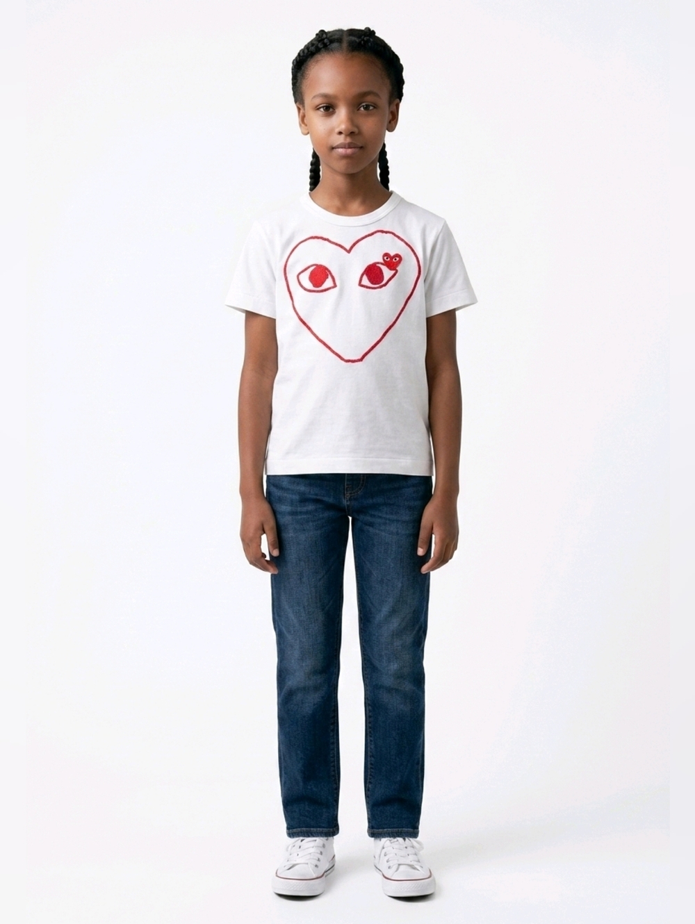 Comme des Garçons PLAY White Tee with Black Logo and Red Accent